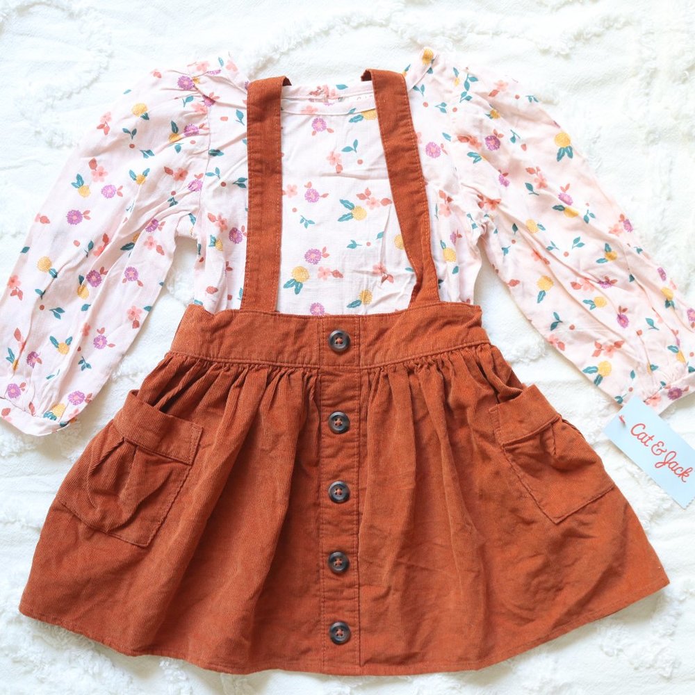 Cat & Jack | Long Sleeve Pink Floral Top & Corduroy Skirt Overall Set NWT | 2T